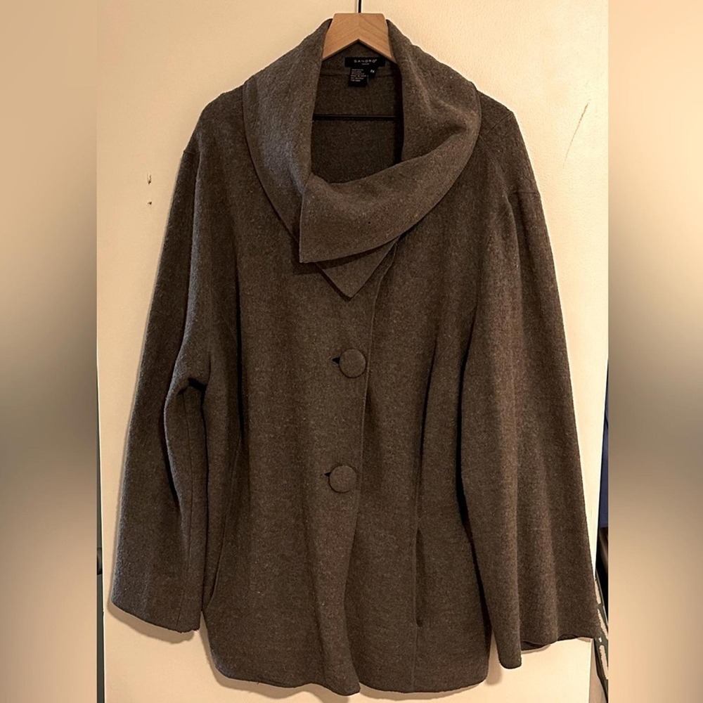 SANDRO | Dark Gray Wool Blend Cowl Neck Wrap Cardigan Jacket, Size 2XL / XXL‎